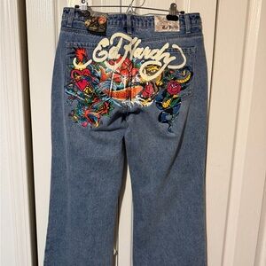 Ed Hardy Blue Jeans with Colorful Embroidery